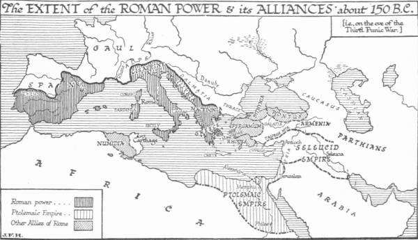 Map: The Extent of the Roman Power & its Alliances about 150 B.C.
