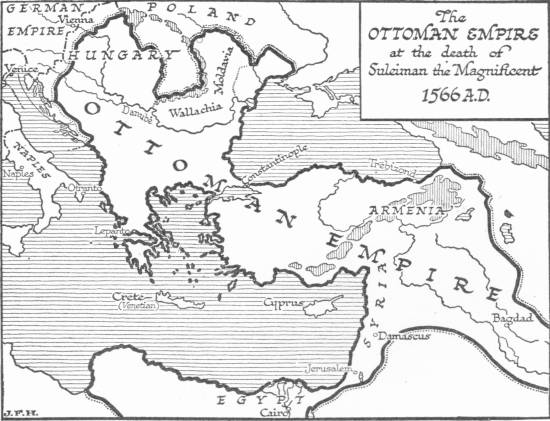 Map: The Ottoman Empire at the death of Suleiman the Magnificent, 1566 A.D.