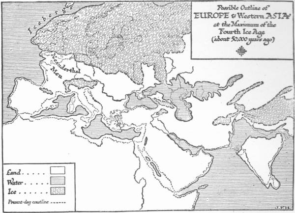 Map: Possible Outline of Europe and Western Asia at the Maximum of the Fourth Ice Age (about 50,000 years ago)