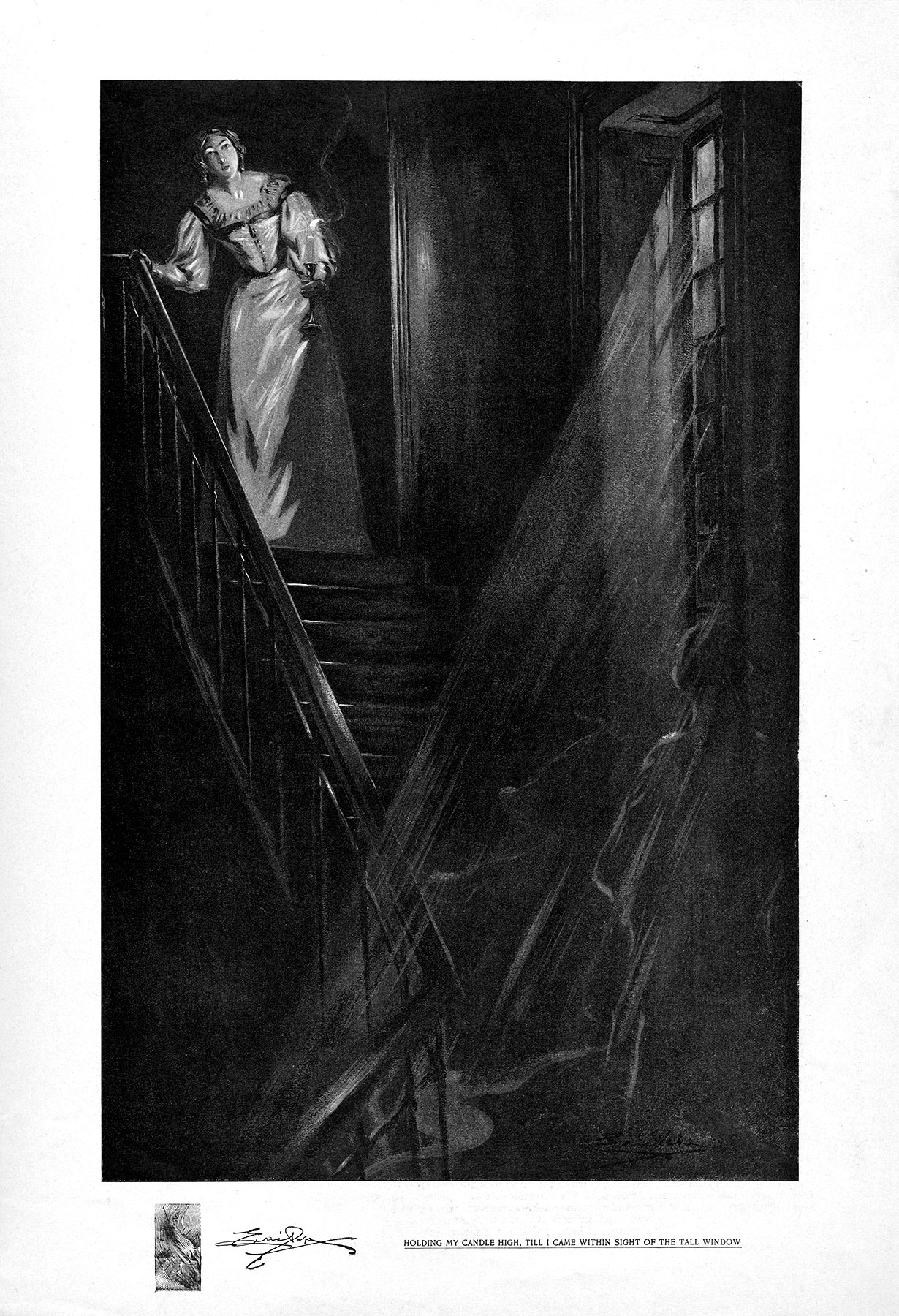 “Holding my candle high, till I came within sight of the tall window . . .”