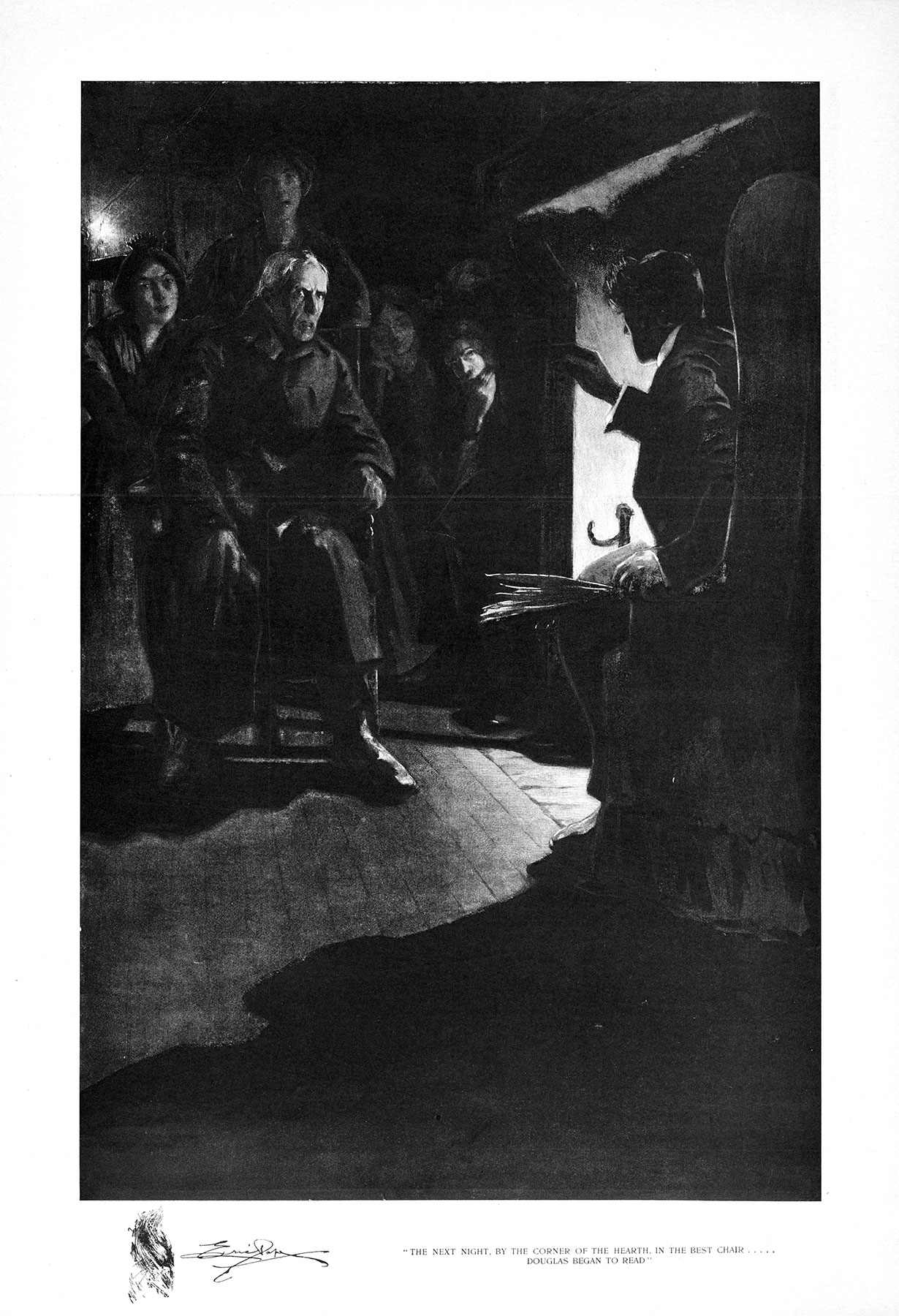 “The next night, by the corner of the hearth, in the best chair ... Douglas began to read.”