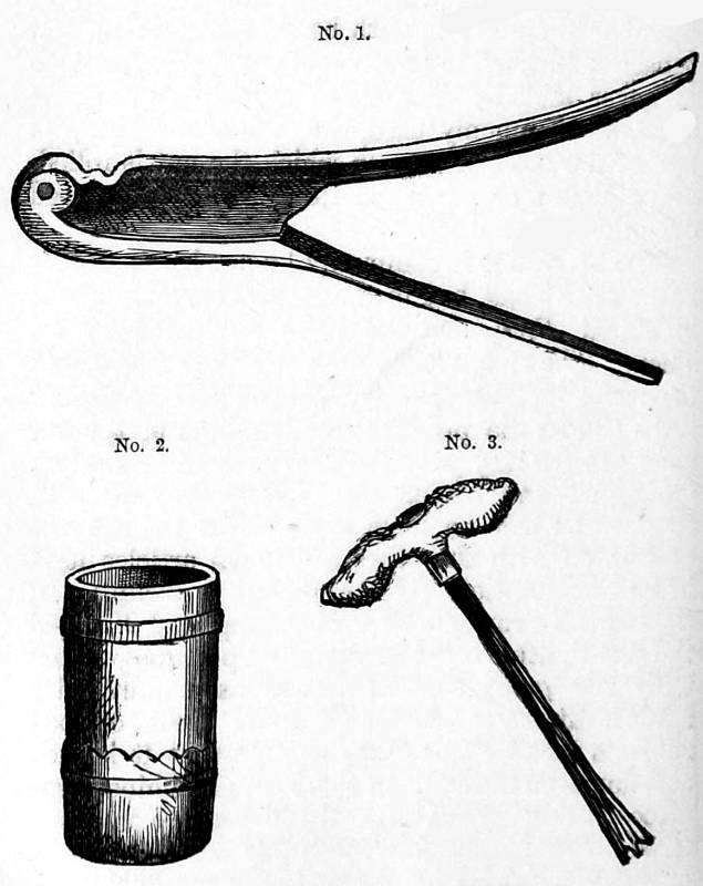 No. 1. GIRRI, FOR CUTTING ARECA. / No. 2. WANGGEDI OR MORTAR and No. 3. MOOLGAH OR PESTLE / FOR MIXING THE INGREDIENTS.