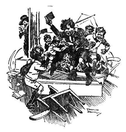 The boys clambering over tables and chairs as Mrs. de Vere Carter peers around the door