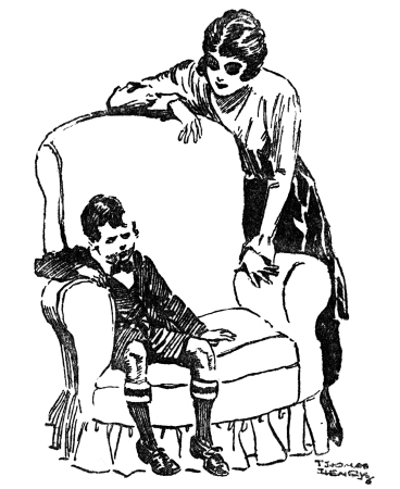 Mrs. Brown leaning over an armchair in which William is sitting