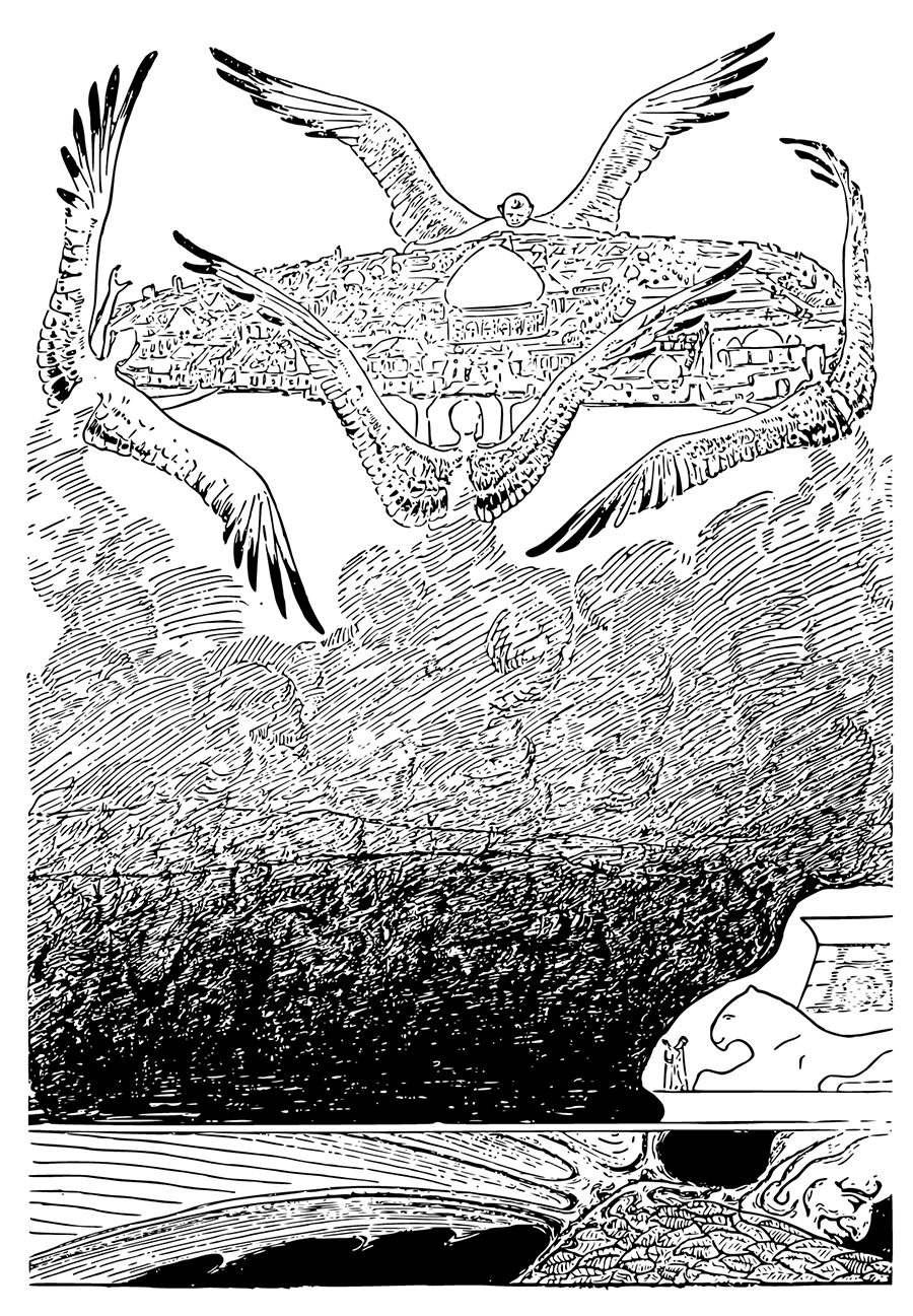 This is the picture of the four gull-winged Djinns lifting up Suleiman-bin-Daoud's Palace the very minute after the Butterfly had stamped.