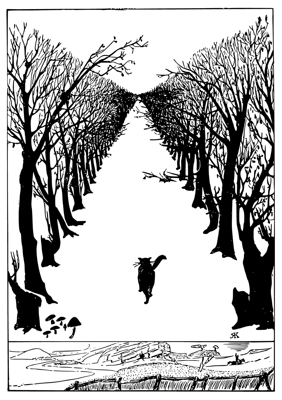 This is the picture of the Cat that Walked by Himself, walking by his wild lone through the Wet Wild Woods and waving his wild tail.
