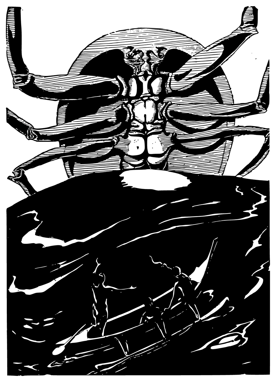 This is the picture of Pau Amma the Crab rising out of the sea as tall as the smoke of three volcanoes.