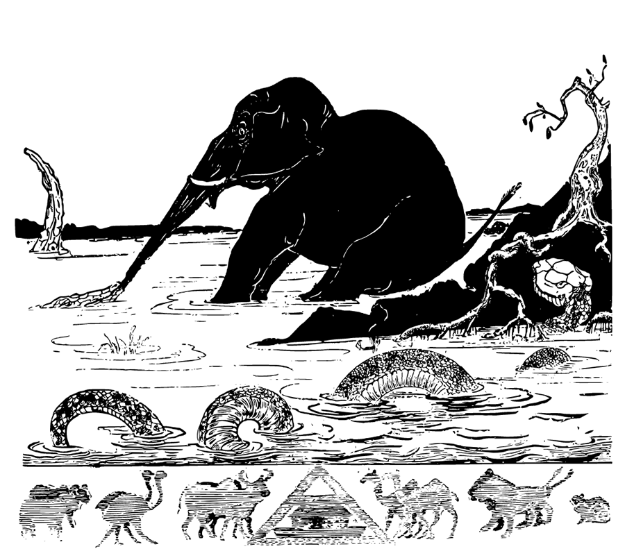This is the Elephant's Child having his nose pulled by the Crocodile.
